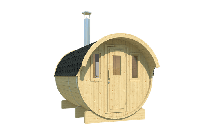  InMedias Barrel Sauna 330 with chimney pipe and triple front windows — on a transparent background.
