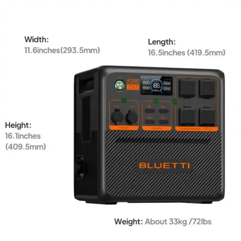 Bluetti AC240P power station with listed dimensions: 16.5 inches length, 11.6 inches width, 16.1 inches height, weighing about 33 kg or 72 lbs — on a white background.