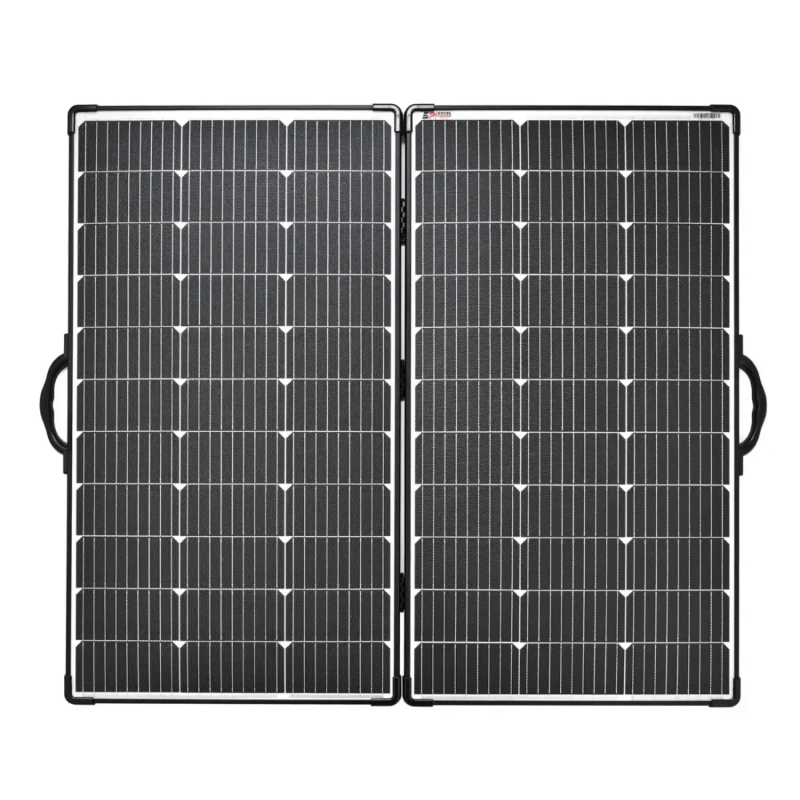 Bluetti 200W solar panel folded upright, showing black monocrystalline surface with grid lines and side handles — on a white background