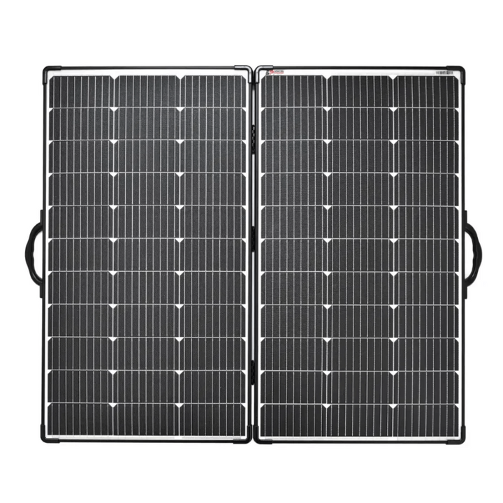 Bluetti 200W solar panel folded upright, showing black monocrystalline surface with grid lines and side handles — on a white background