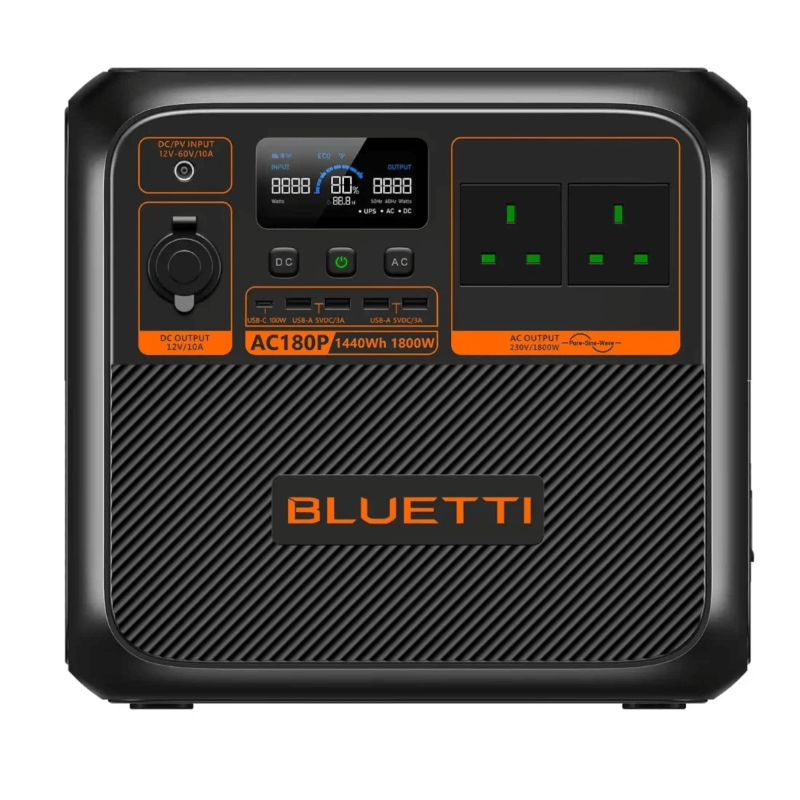 Bluetti AC180P Portable Power Station front view displaying DC and AC output ports, USB ports, and digital screen on a white background.