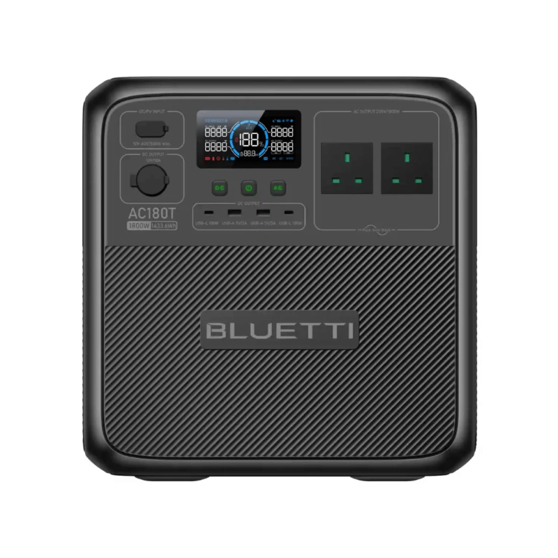 Bluetti AC180T portable power station showing front display, ports, and branding on a white background.