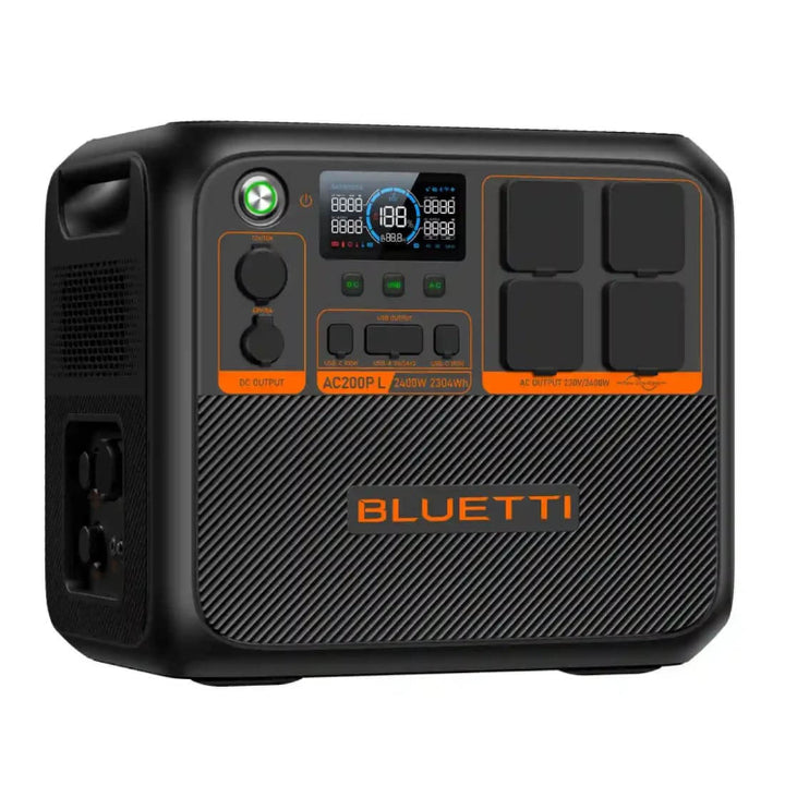 A digital photograph of the Bluetti AC200P L power station, showing its front panel with multiple outlets and an LCD display, on a white background.