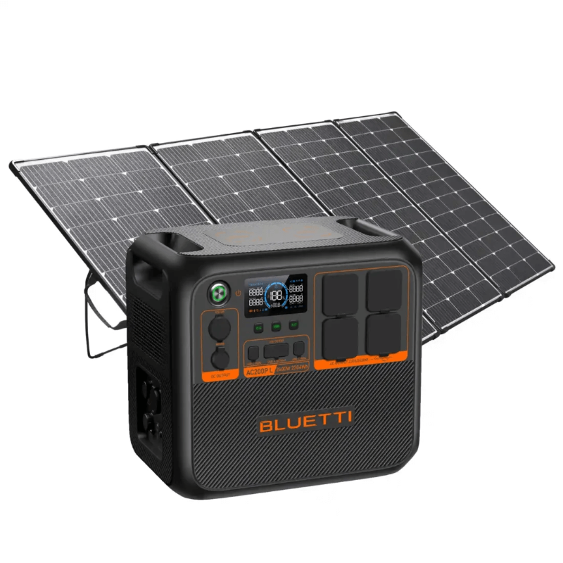 Bluetti AC200P power station paired with a 440W solar panel, positioned in front of the panel ready for charging, on a white background.