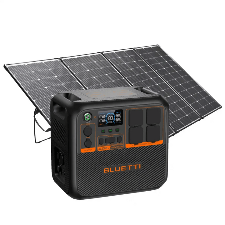 Bluetti AC200P power station paired with a 440W solar panel, positioned in front of the panel ready for charging, on a white background.