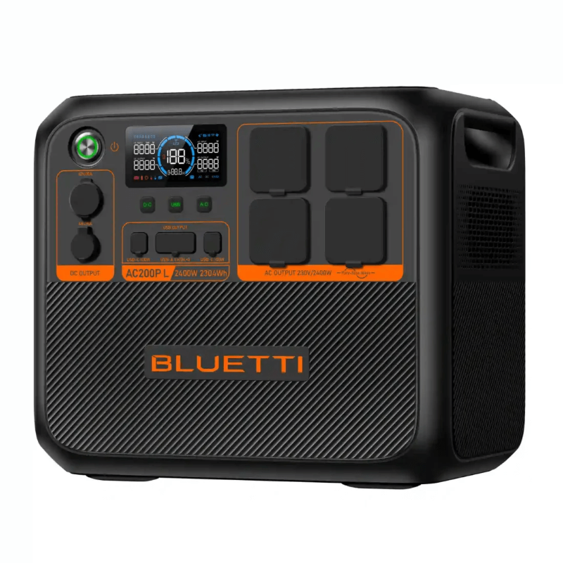 Bluetti AC200P portable power station side angle showcasing output ports and LCD screen, on a white background.