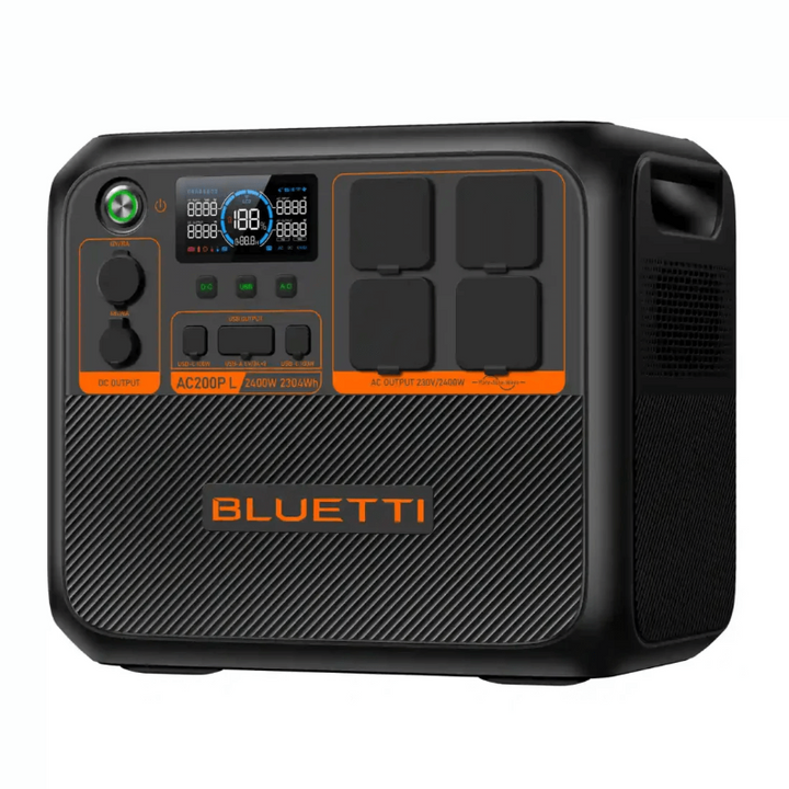 Bluetti AC200P portable power station side angle showcasing output ports and LCD screen, on a white background.