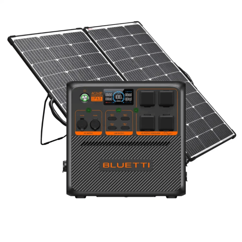 Bluetti AC240P portable power station paired with a foldable solar panel, positioned side by side — on a white background.