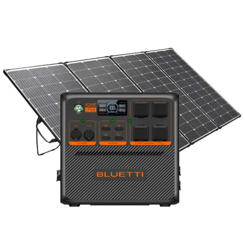 Bluetti AC240P Portable Power Station positioned in front of a deployed Bluetti 400W solar panel, on a white background.