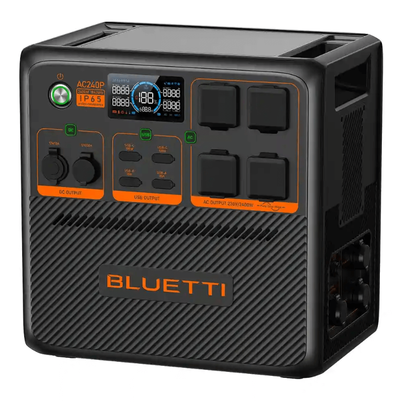 Bluetti AC240P portable power station angled front-left view showing ports and display — on a white background