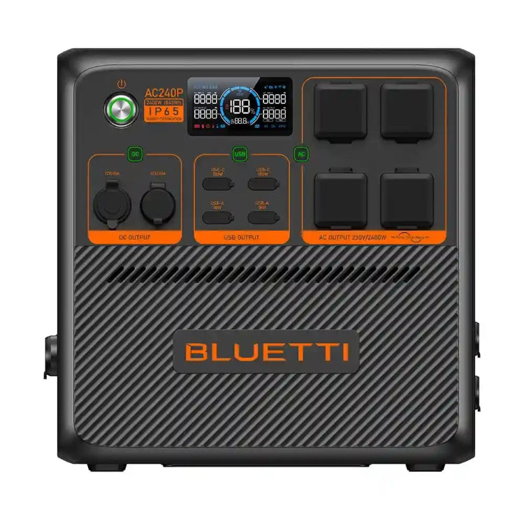 Front view of the Bluetti AC240P power station showcasing ports and digital display on a white background.