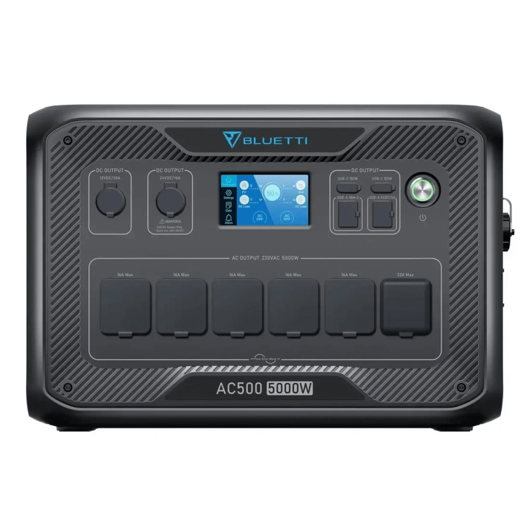 Front view of Bluetti AC500 5000W inverter module with six AC outlets and LCD screen on a white background.