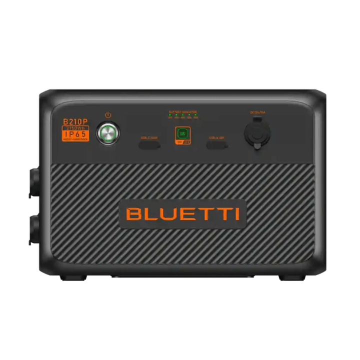 Front horizontal view of the Bluetti B210P extra battery showing branding and ports, on a transparent background.
