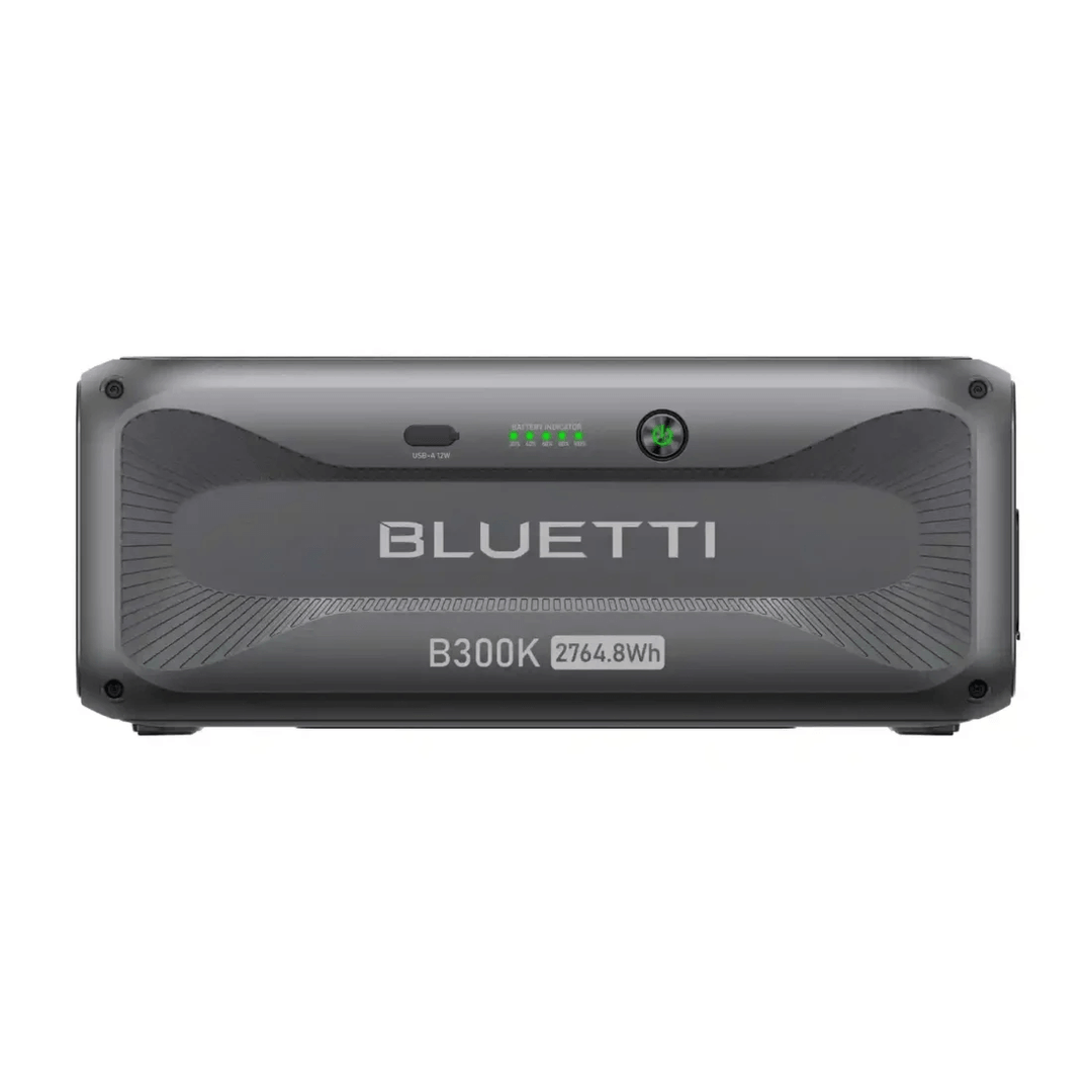 Straight-on front view of Bluetti B300K 2764.8Wh battery station with status indicators on a white background.