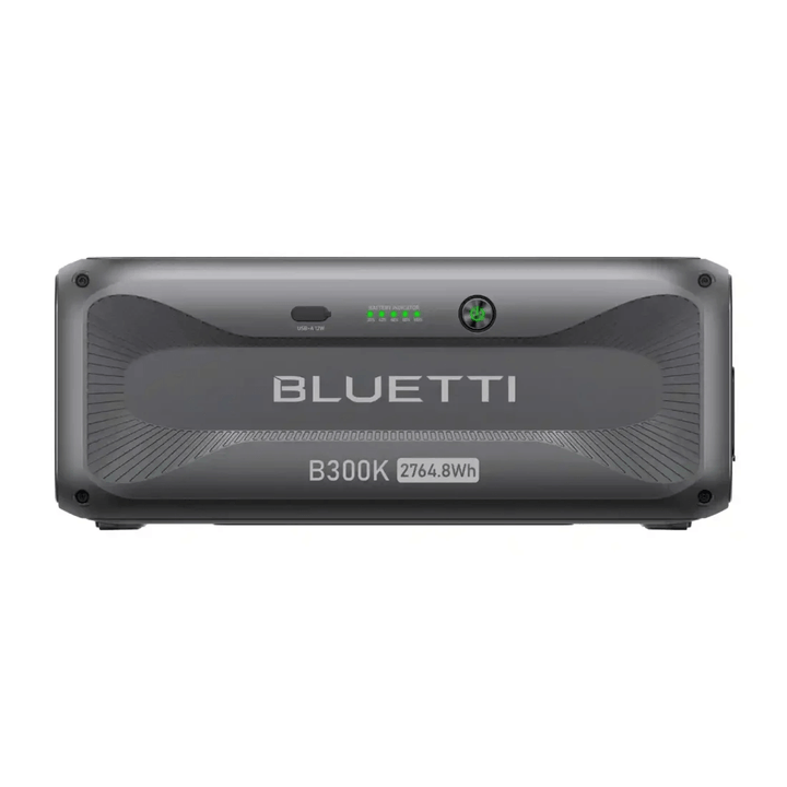 Straight-on front view of Bluetti B300K 2764.8Wh battery station with status indicators on a white background.