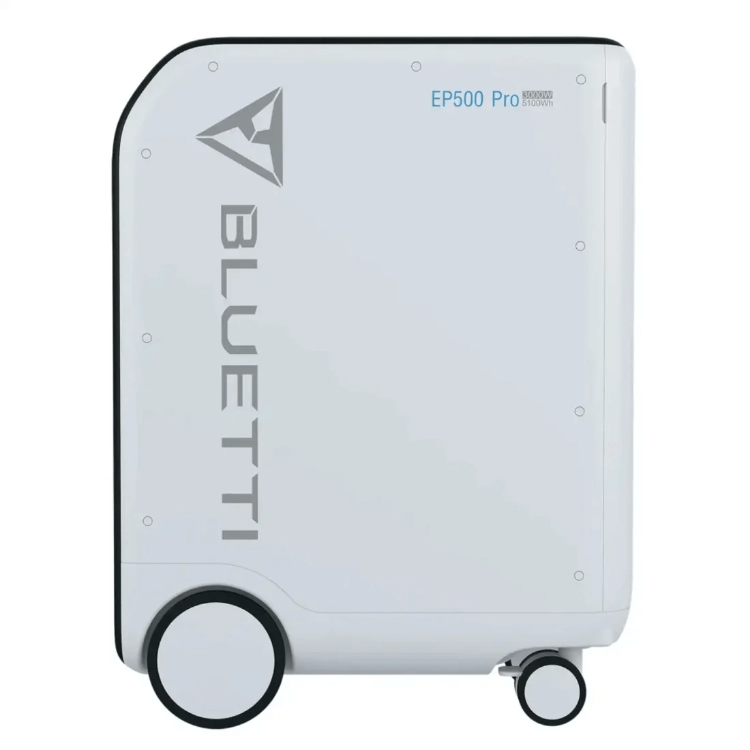 Side view of Bluetti EP500Pro showing wheel base and large Bluetti logo, on a white background.