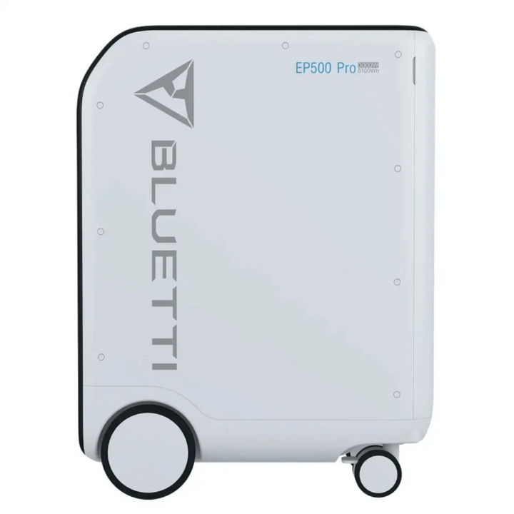 Side view of Bluetti EP500Pro showing wheel base and large Bluetti logo, on a white background.
