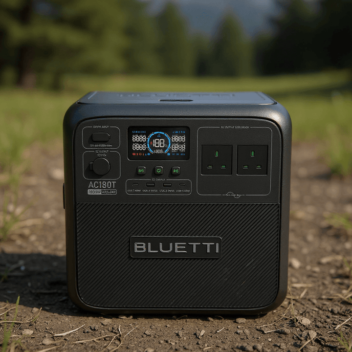 Bluetti AC180T portable power station placed on dirt ground in an open field, with its front-facing display and ports clearly visible under natural daylight.