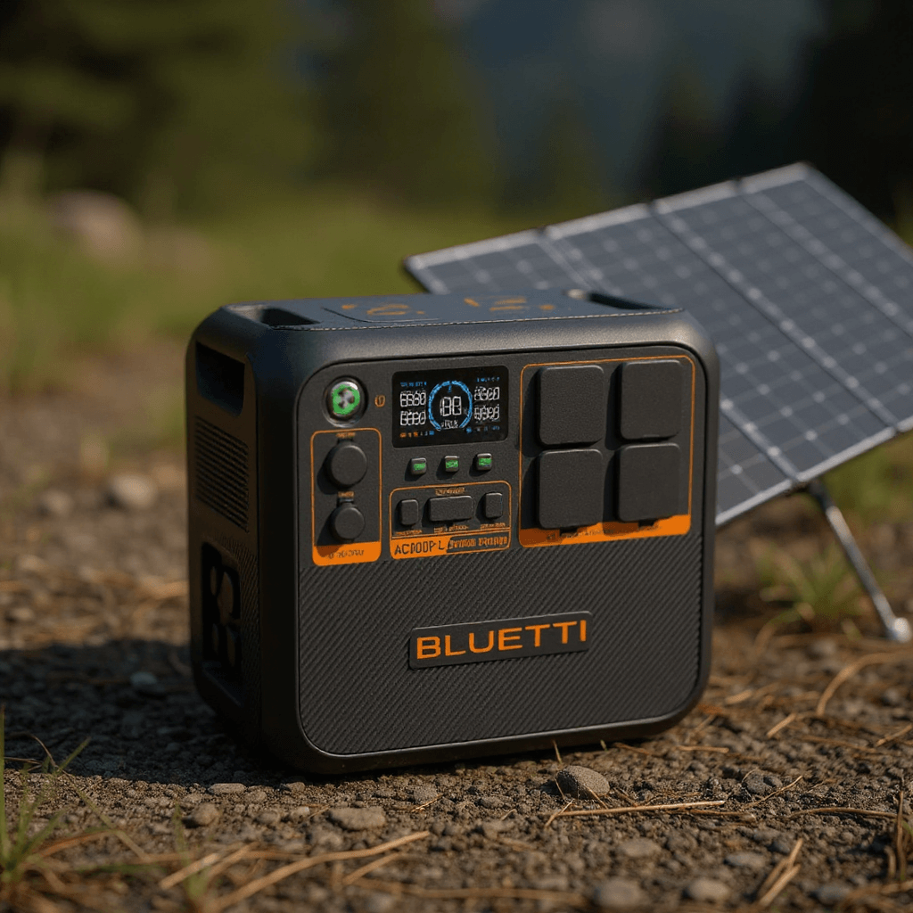 Bluetti AC200P L portable power station placed on ground outdoors, paired with a 440W solar panel in the background, under bright natural sunlight.