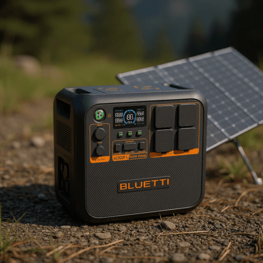 Bluetti AC200P L portable power station placed on ground outdoors, paired with a 440W solar panel in the background, under bright natural sunlight.