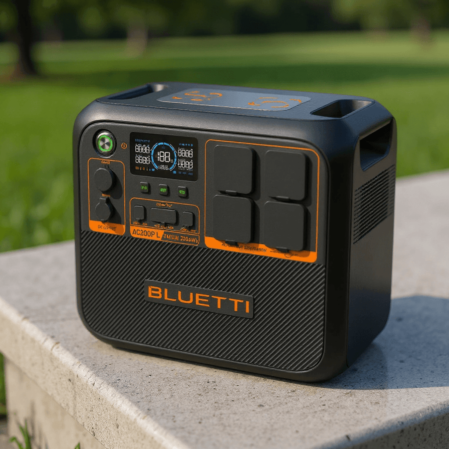 Bluetti AC200P L portable power station placed on a stone surface in a grassy outdoor area, showing its display screen and front-facing ports with a fully charged battery.