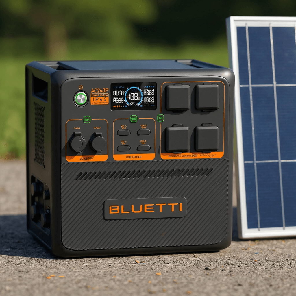 Bluetti AC240P portable power station positioned outdoors on a concrete surface, paired with a 200W solar panel standing upright beside it, under bright sunlight.