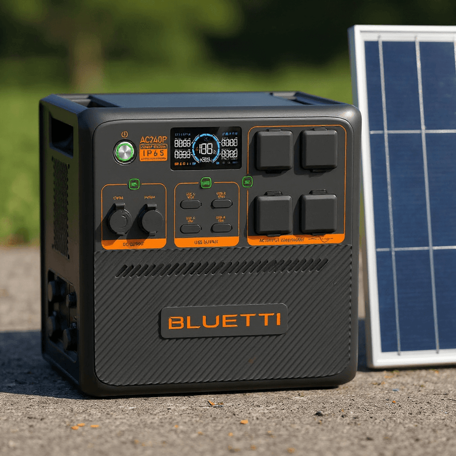 Bluetti AC240P portable power station positioned outdoors on a concrete surface, paired with a 200W solar panel standing upright beside it, under bright sunlight.