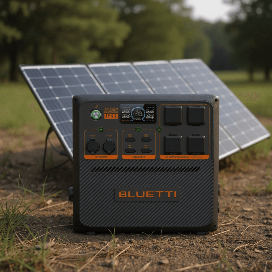 Bluetti AC240P portable power station set on dry ground in a grassy outdoor area, paired with a large 400W solar panel positioned behind it and angled toward the sun.
