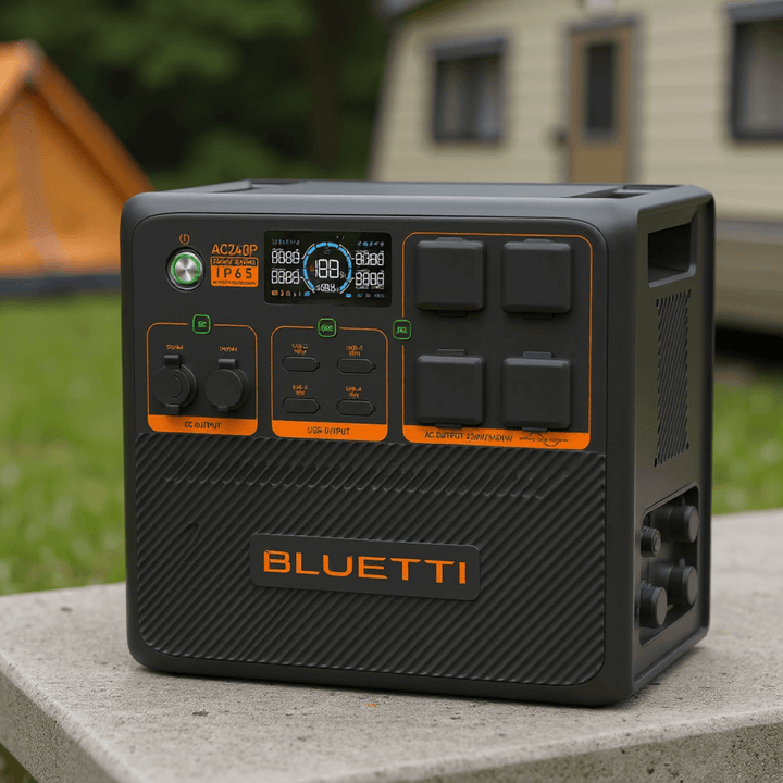  Bluetti AC240P portable power station placed on a concrete surface in an outdoor campsite, with its front display, ports, and controls visible; tent and RV in the background.