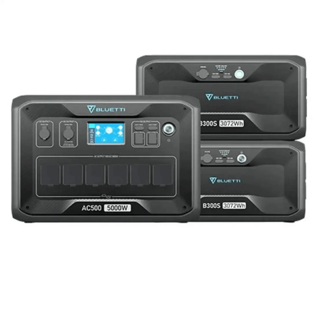 Bluetti AC500 5000W inverter module paired with two B300S 3072Wh batteries on a white background.