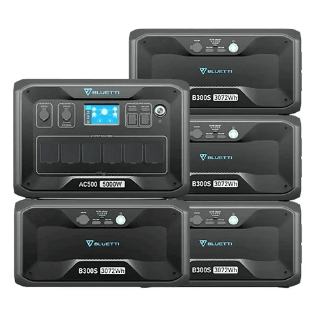 Bluetti AC500 5000W inverter module paired with four B300S 3072Wh batteries on a white background.