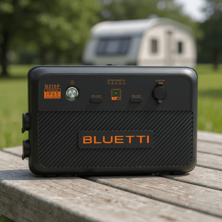 Bluetti B210P extra battery placed on a wooden bench in a grassy outdoor setting, with a camper trailer blurred in the background.