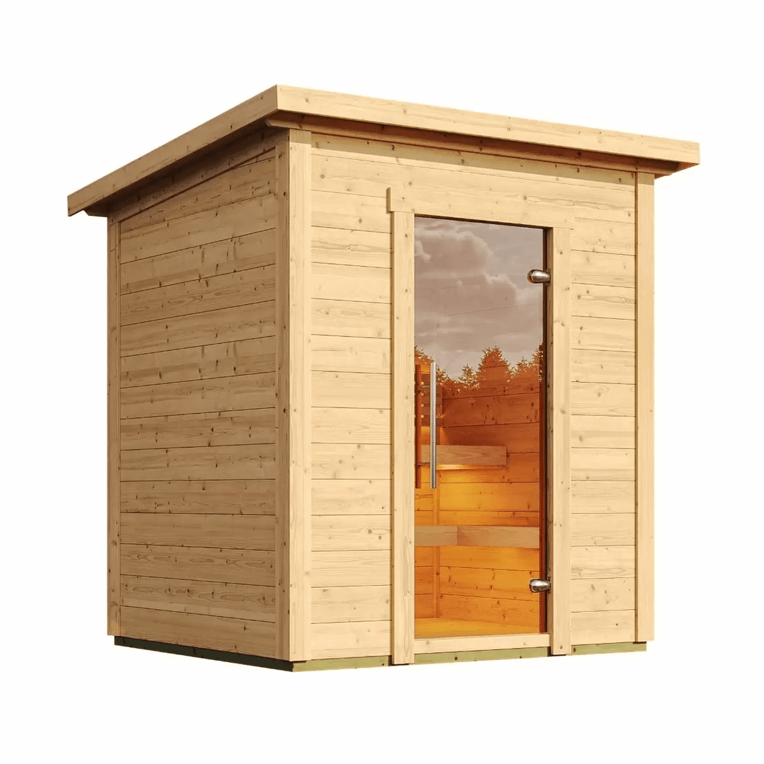 InMedias Brico Log Sauna front view on a white background.