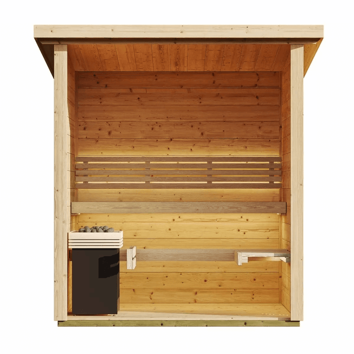 InMedias Brico Log Sauna interior with benches and heater on a white background.
