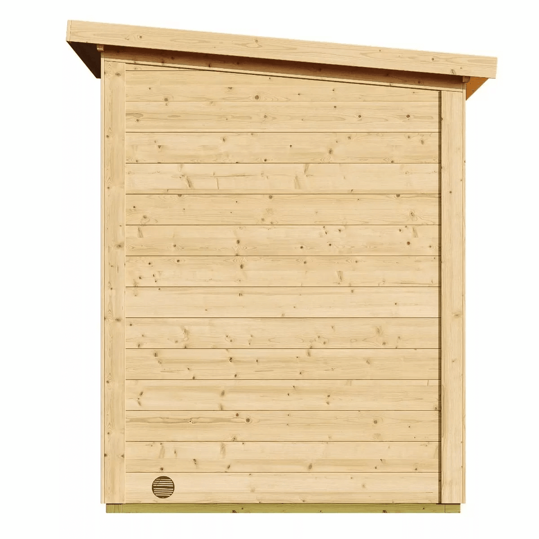 InMedias Brico Log Sauna side view on a white background.