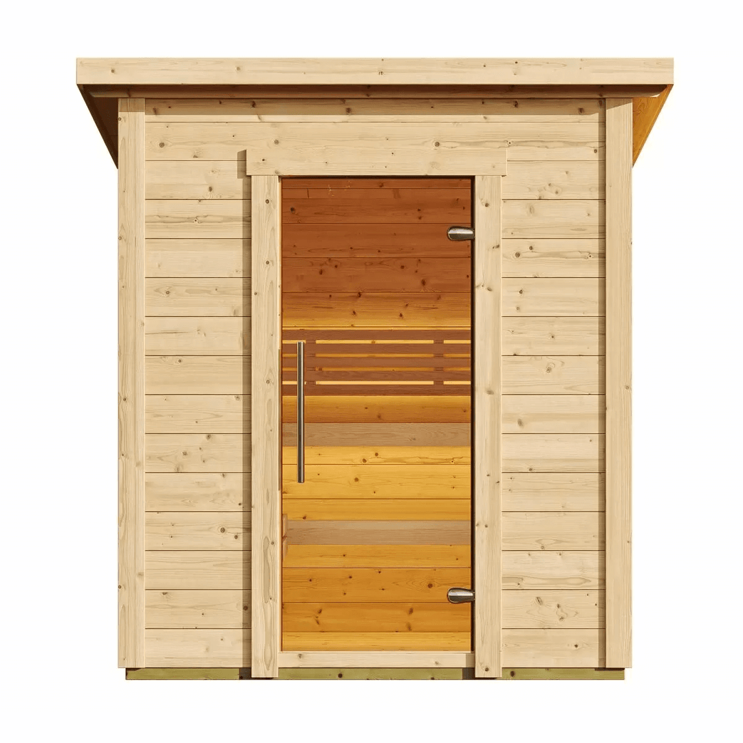 InMedias Brico Log Sauna glass door front view on a white background.