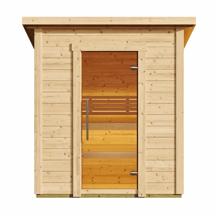 InMedias Brico Log Sauna glass door front view on a white background.