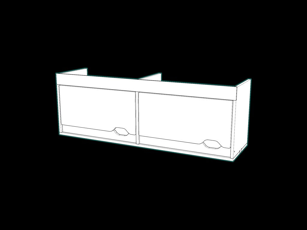 Front view design of the Campervan Cornice Top Cabinets showing the dual front doors and finger-pull cut-out handles, on a black background.