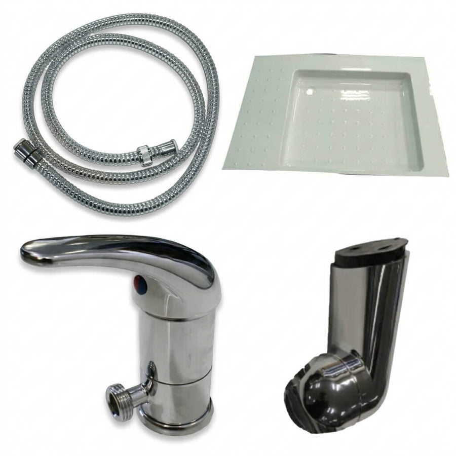 Campervan Internal Shower Kit including Dimatec chromed fixed shower bracket, Dimatec 1.5m shower hose, Dimatec chrome monolever shower mixer tap and CP universal shower tray on a white background.