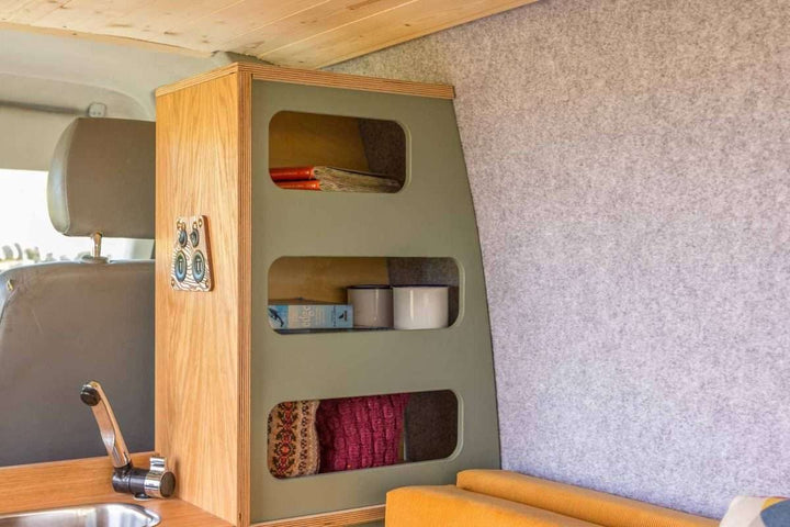 Campervan Navi Kitchen Unit side storage tower with open shelves and integrated control panel.