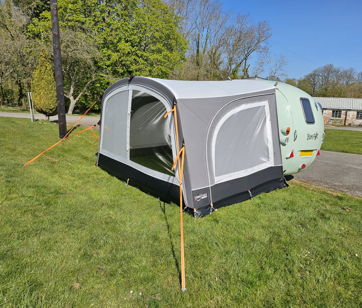 Camptech Majestic awning attached to a Barefoot caravan