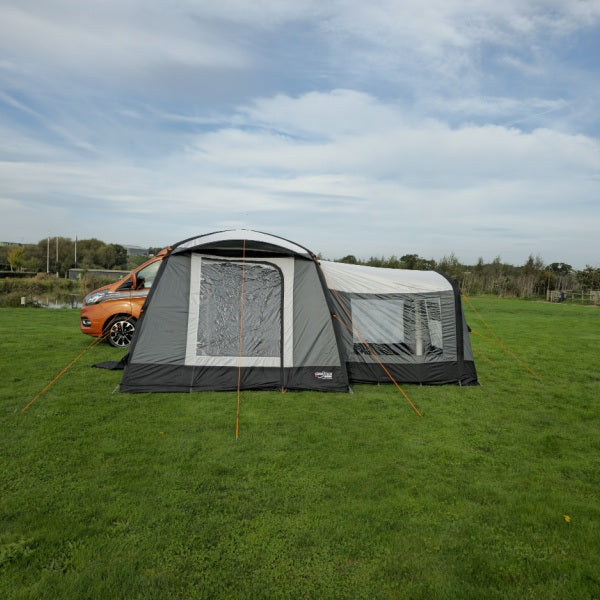 Camptech Moto Crown Driveaway Awning shown from the front with an annex