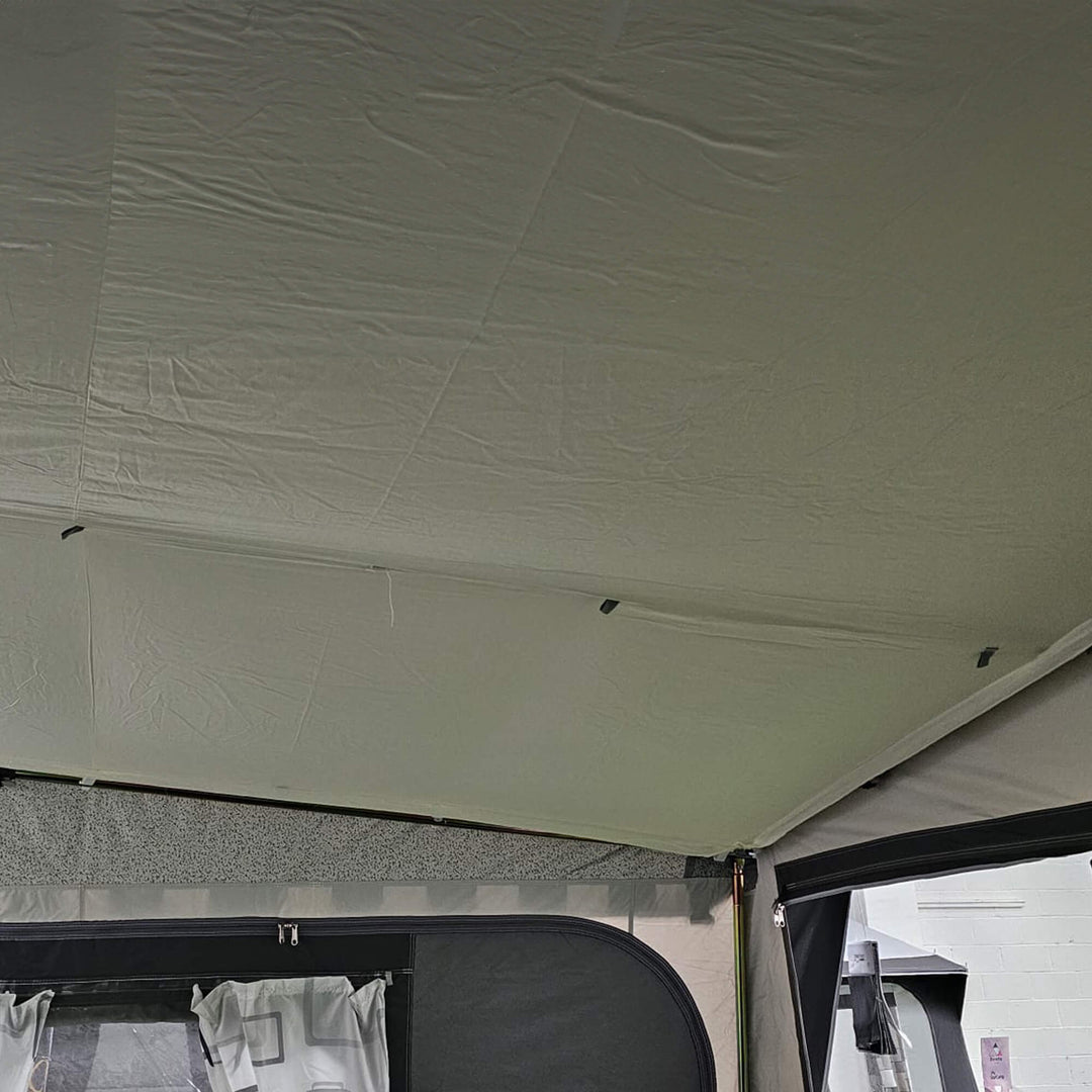 Camptech Roof Liner in light grey installed inside an awning.