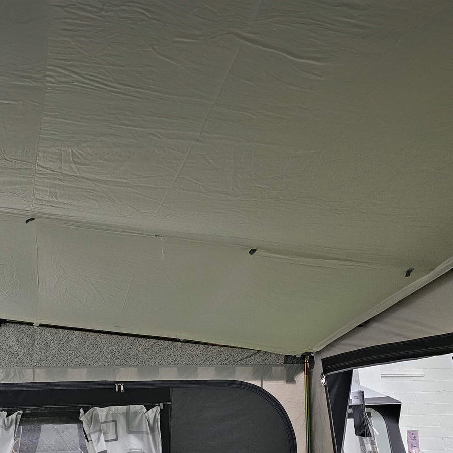 Camptech Roof Liner in light grey installed inside an awning.