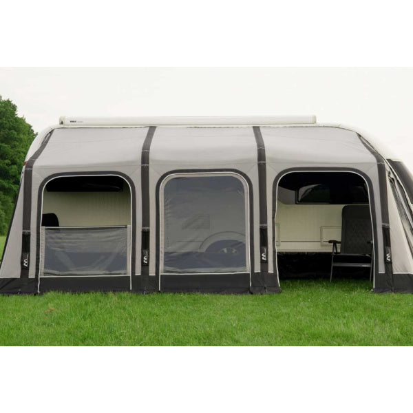 Ceres Caravan Awning shown from front with open door and window