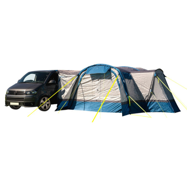 Cocoon Breeze Campervan Awning in blue connected to a campervan