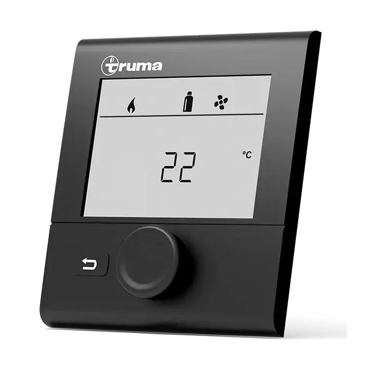 Digital control panel for Truma Combi 4E Heater displaying temperature settings on a transparent background.