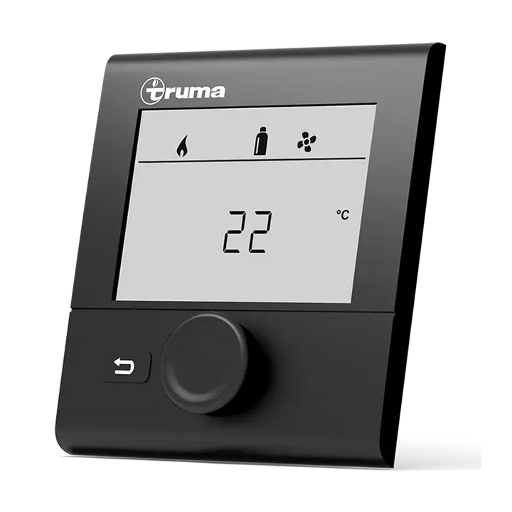 Digital control panel for Truma Combi 4E Heater displaying temperature settings on a transparent background.