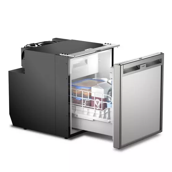 Dometic CoolMatic CRX 65D fridge with door open and pull out basket on a white background.
