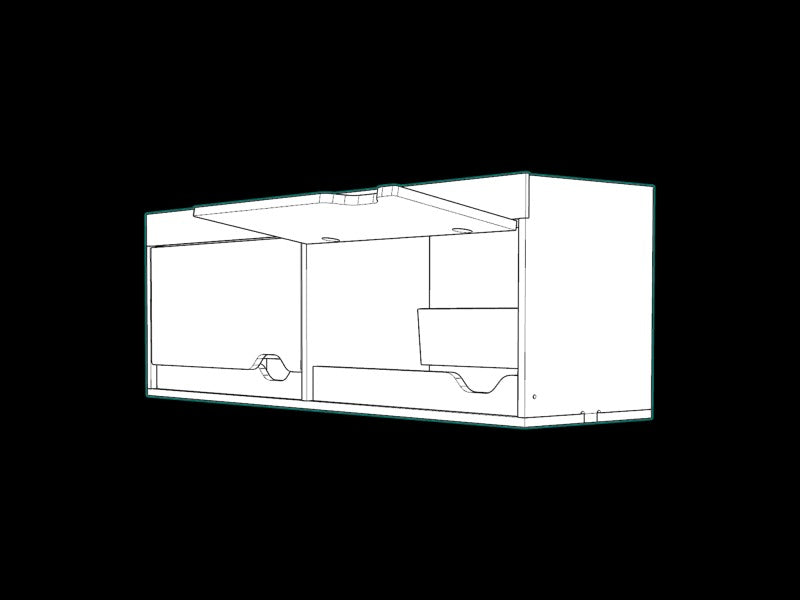 3D design view of the Campervan Cornice Top Cabinets highlighting the cabinet depth, compartments, and overall construction, on a black background.